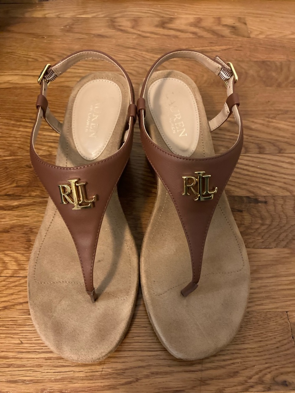 Ralph Lauren Jeanne Wedge Tan Leather T-Strap Sandals with Gold RLL Emblem